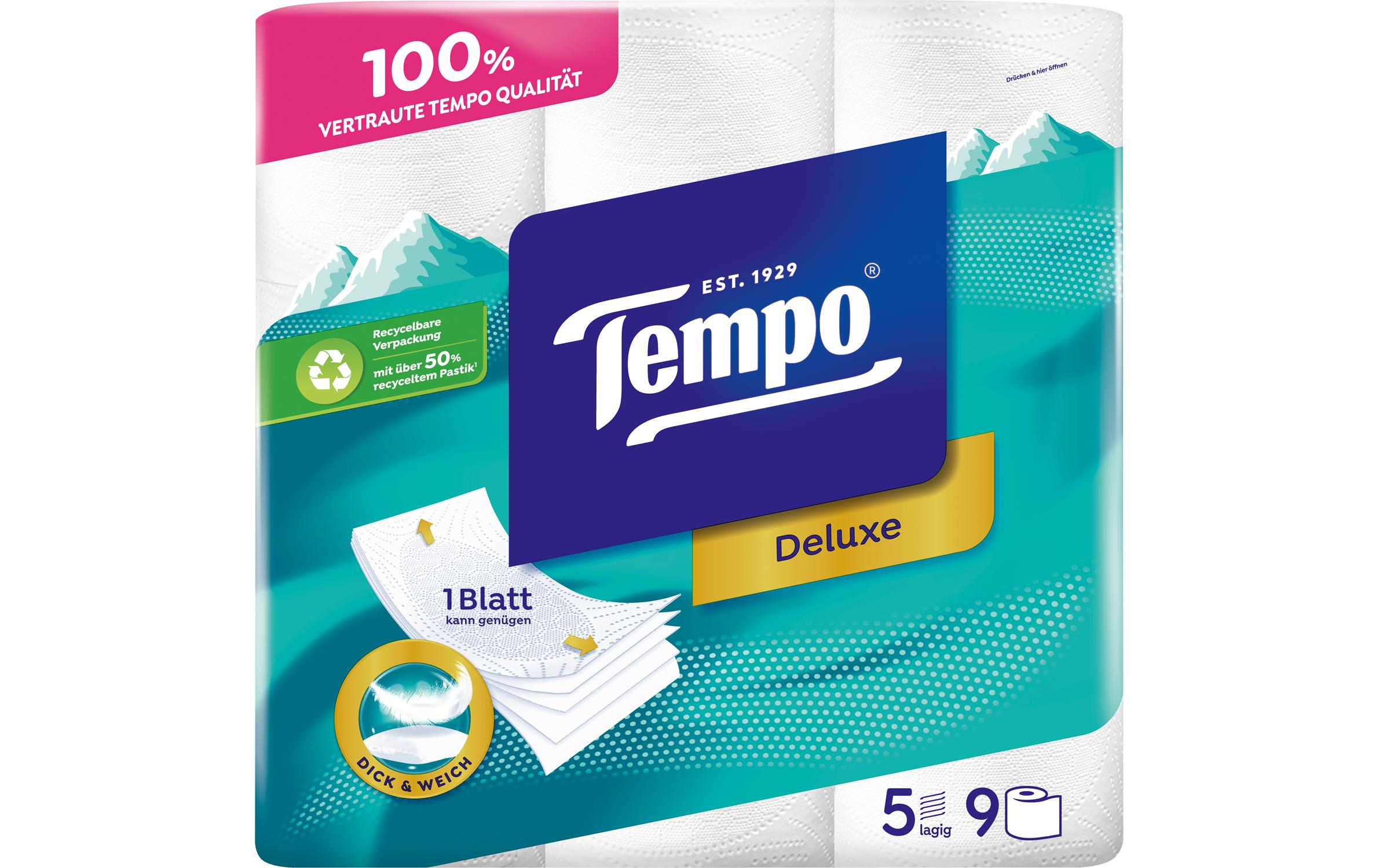 Tempo Deluxe Toilettenpapier 5-lagig weiss 9 Rollen à 80 Blatt