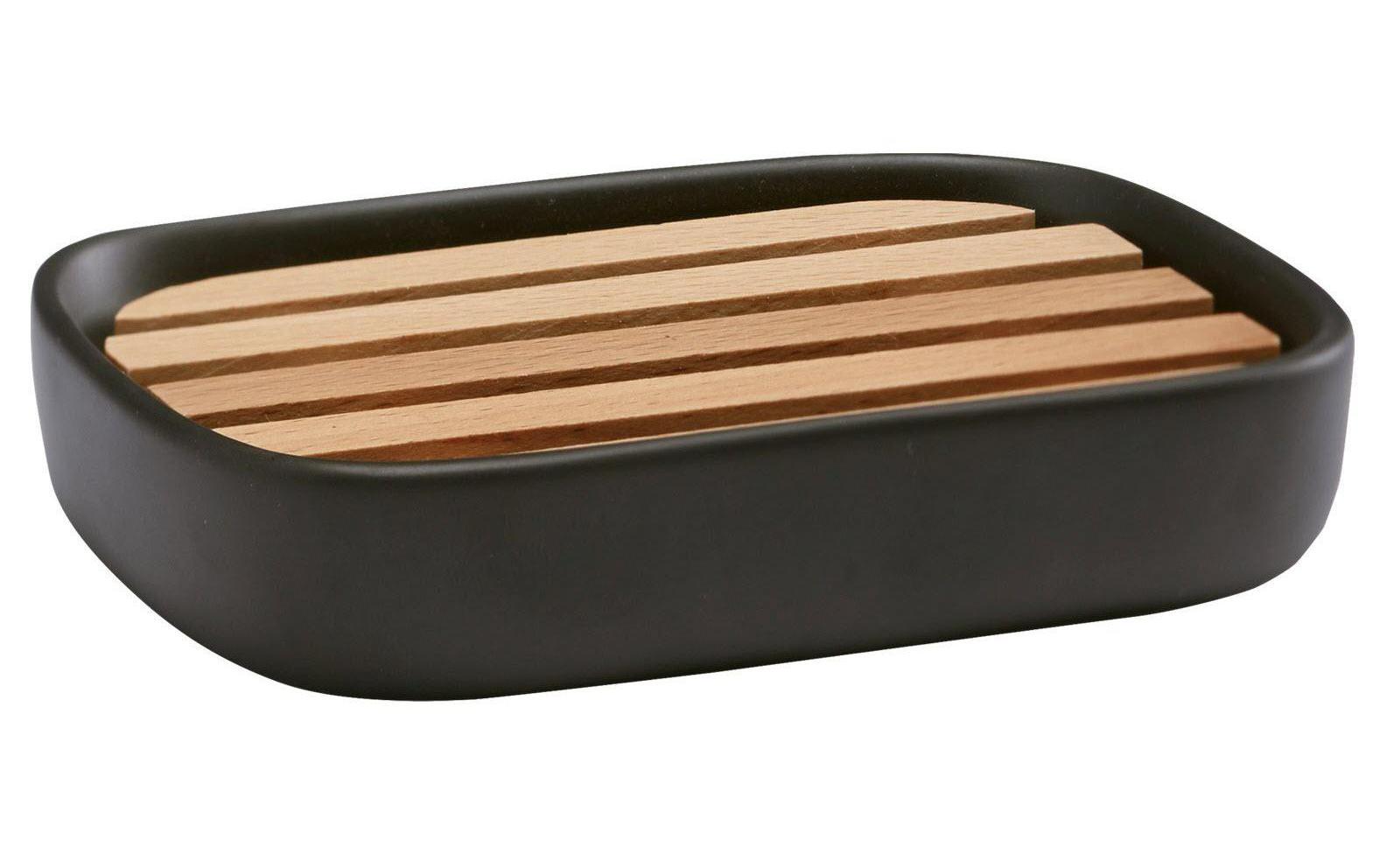 Aquanova Seifenschale Oscar, Schwarz Keramik, Buchenholz,  13 x 9 x 2.5 cm