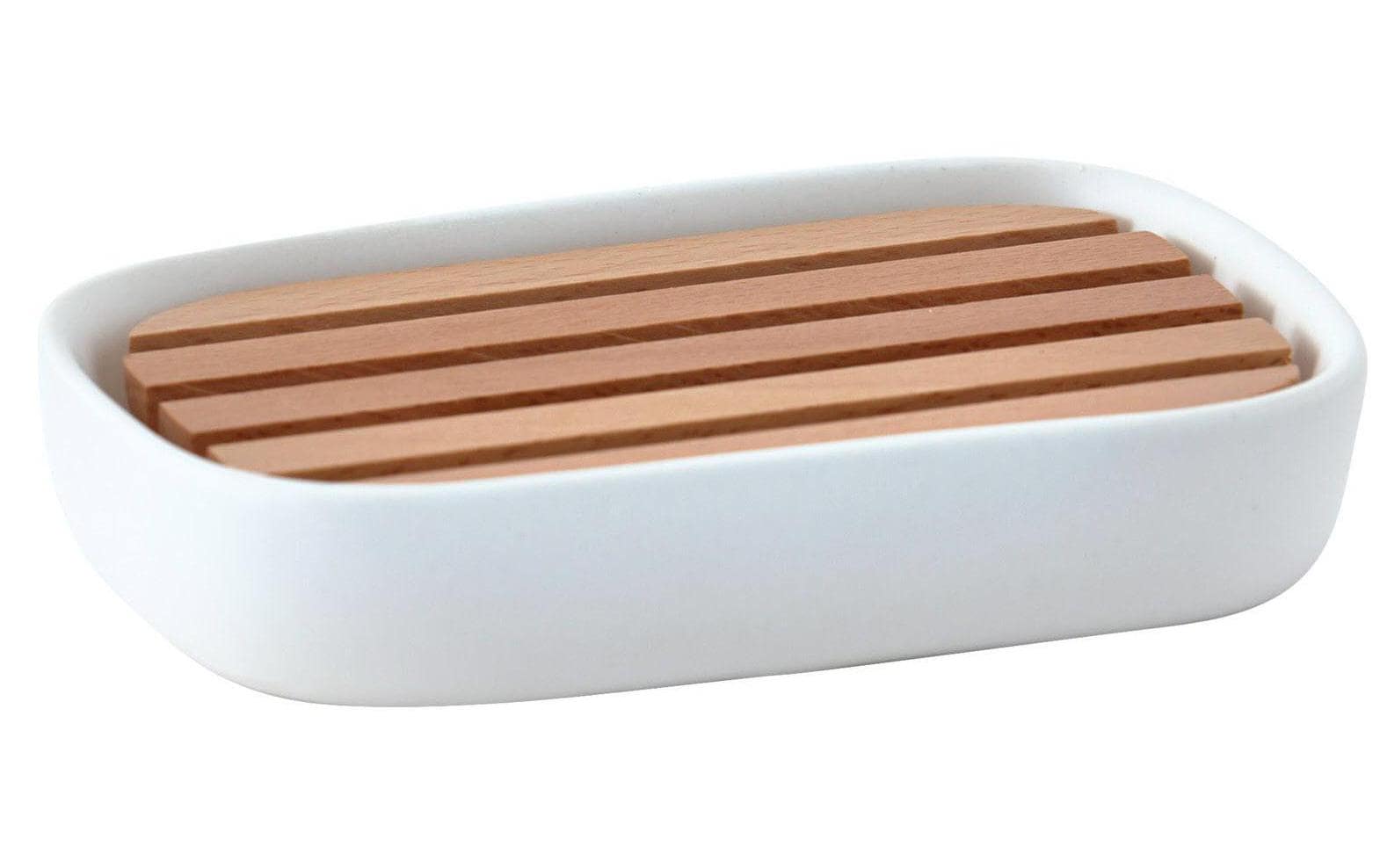Aquanova Seifenschale Oscar, Weiss Keramik, Buchenholz,  13 x 9 x 2.5 cm