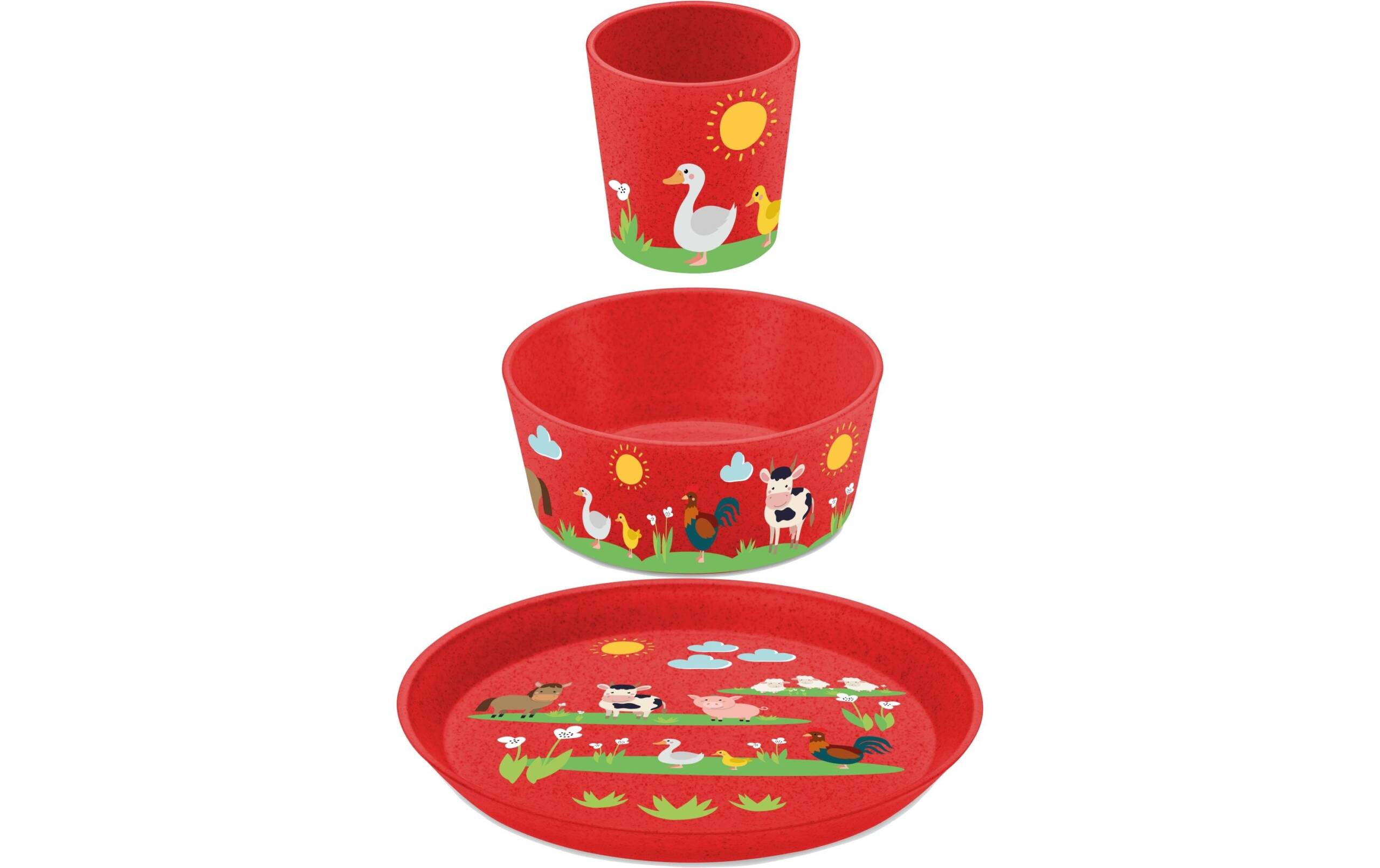 Koziol Kindergeschirr Set CONNECT FARM Teller+Schale+Becher, rot, bio-circular
