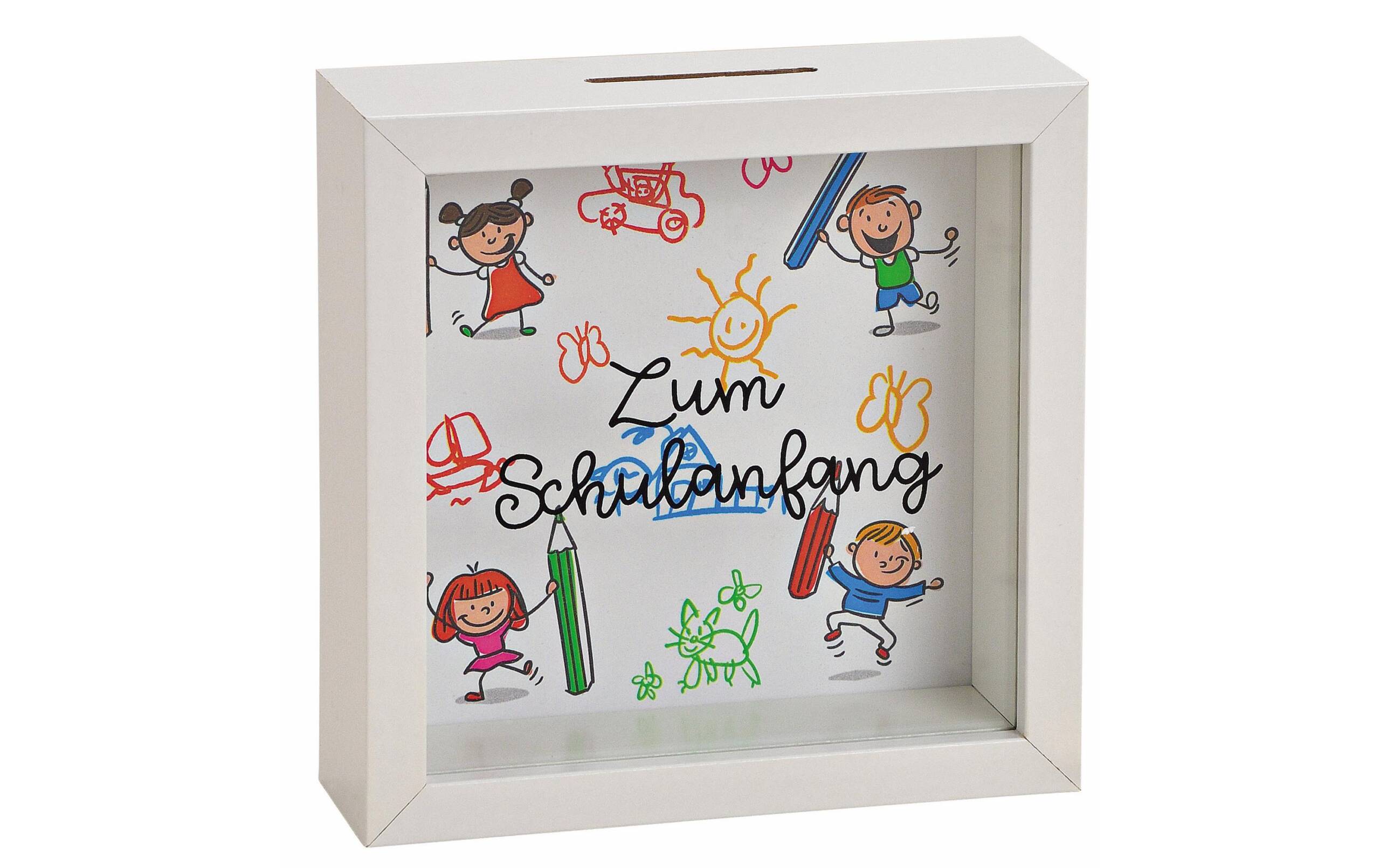 Spardose zum Schulanfang aus Holz/Glas bunt B15xH15xT5cm