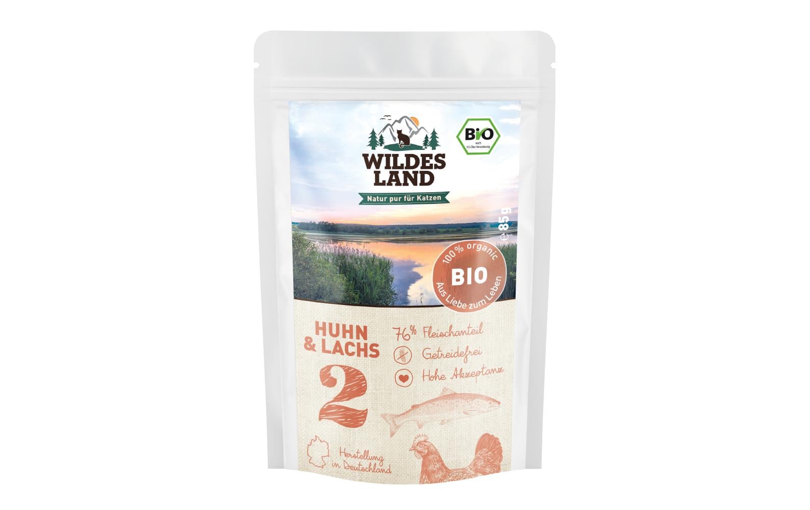 Wildesland Cat Adult BIO Huhn, Lachs, Cran. 85g – Bild 2