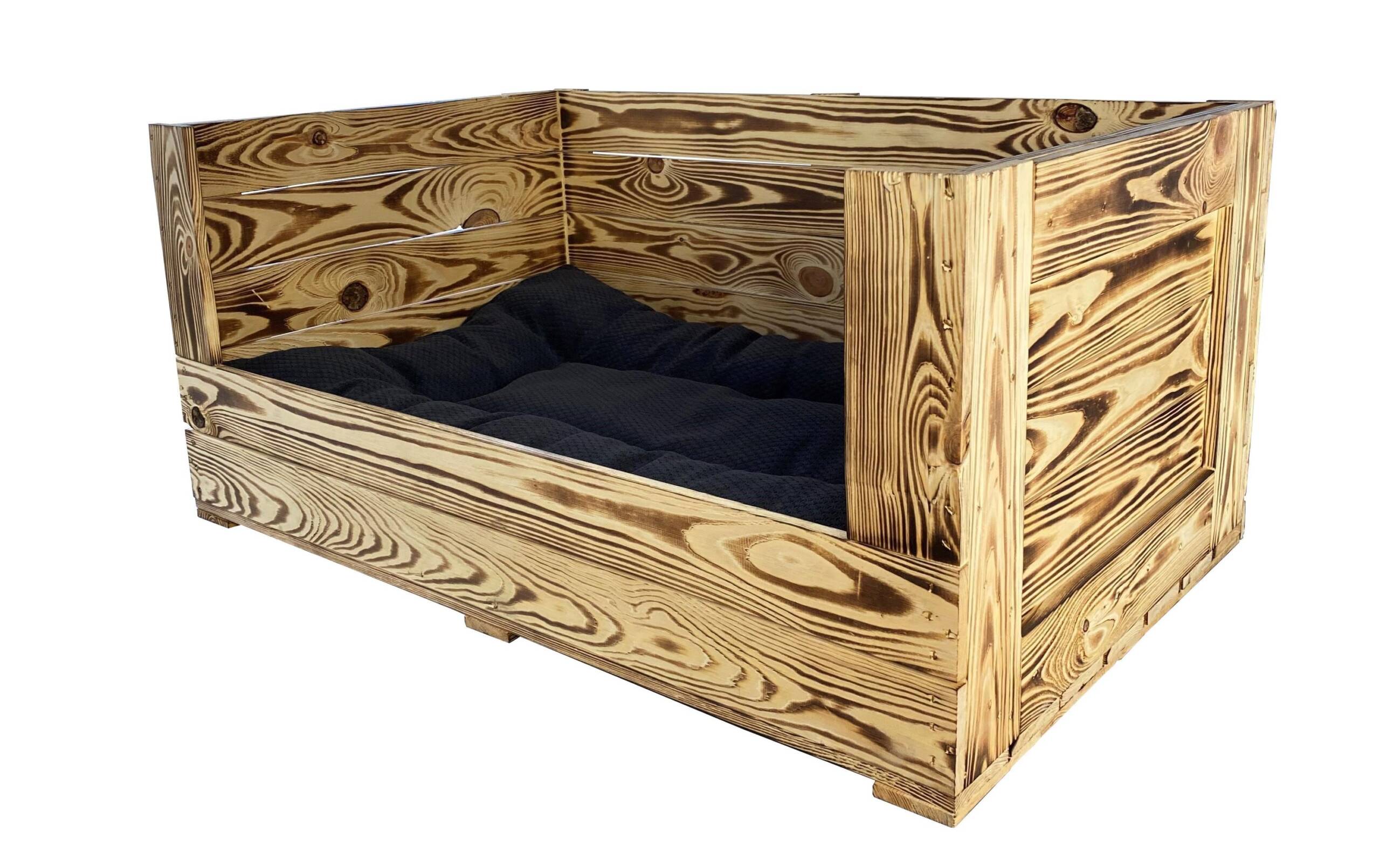 Holz Zollhaus Vintage Hundesofa geflammt mit anthrazit Kissen