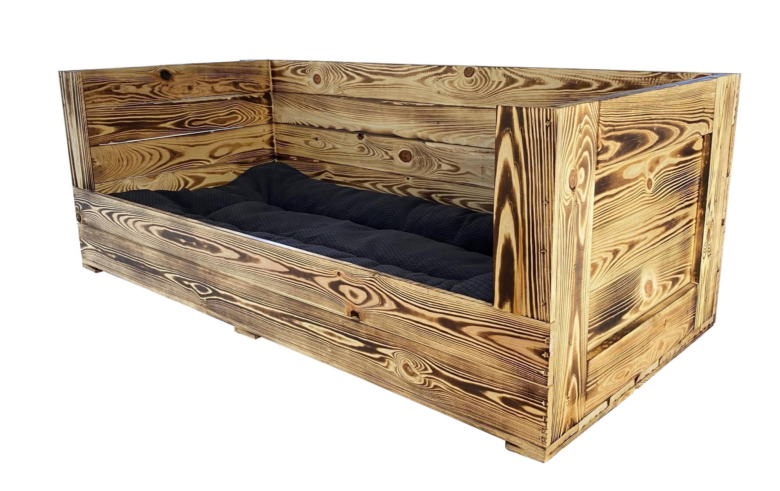 Holz Zollhaus Vintage Hundesofa XXL geflammt mit anthrazit Kissen