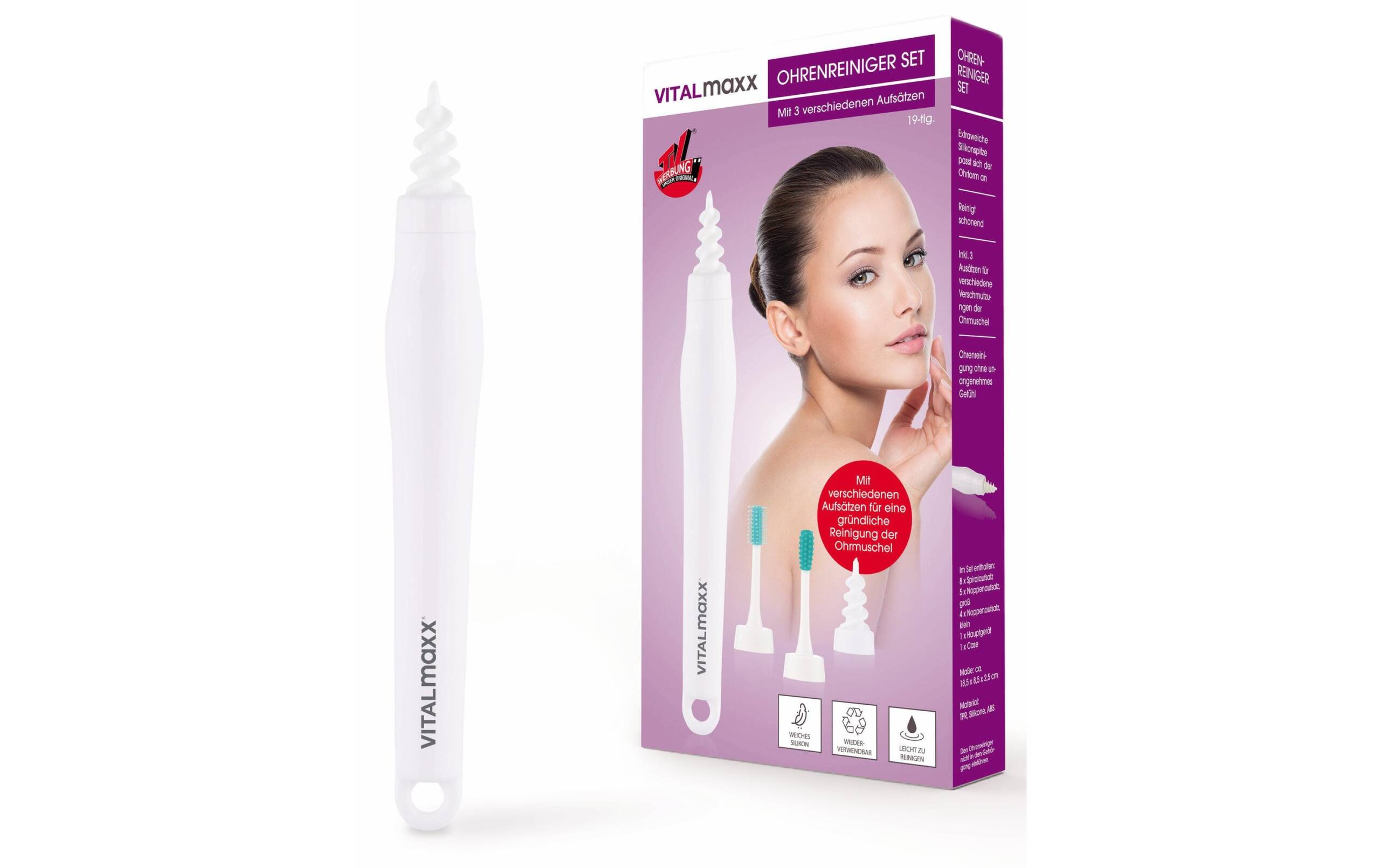 VITALmaxx Ohrenstäbchen Set 19tlg, 3 Aufsätze, wiederverwendbar