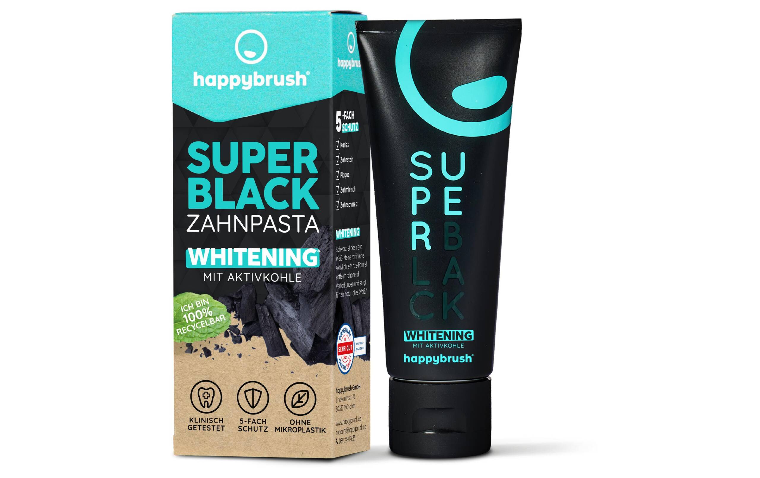 happybrush SuperBlack Zahnpasta whitening, vegan, made in germany