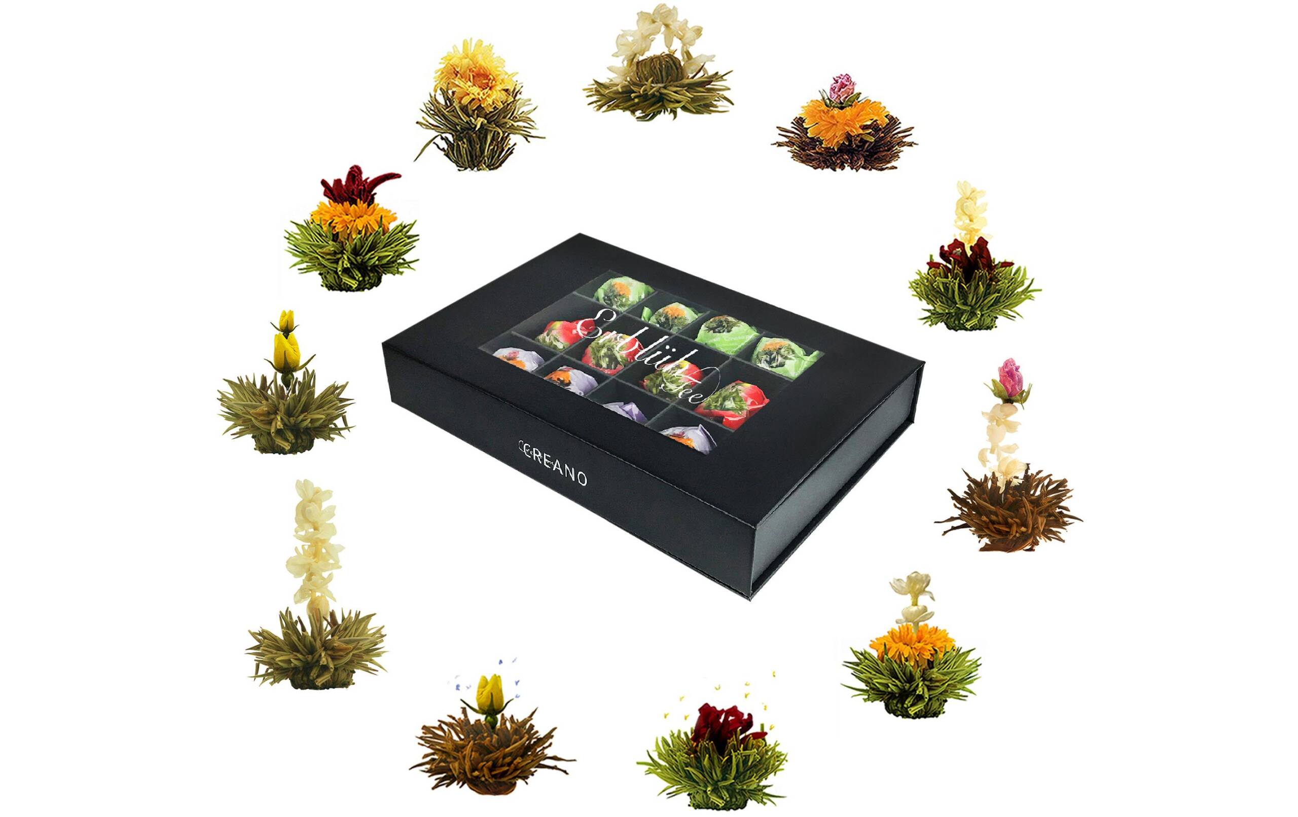 Erblühtee Magnetbox Weiss-/Schwarz-/Grüntee 18 Kugeln assortiert