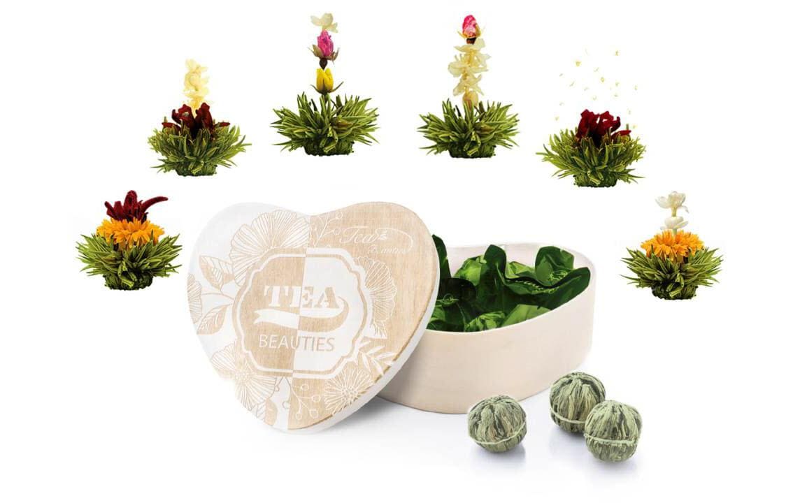 Teeblumen Mix Erblühtee Kugeln 6x6 Sorten, Grüner Tee, Holzherzbox
