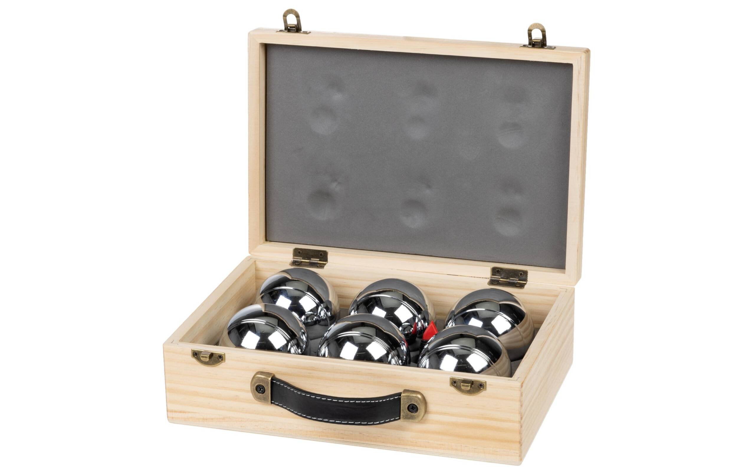 KOOR Pétanque 6er-Set Deluxe Holzkoffer Chromlegierung, Pinienholz, 28x19x9cm