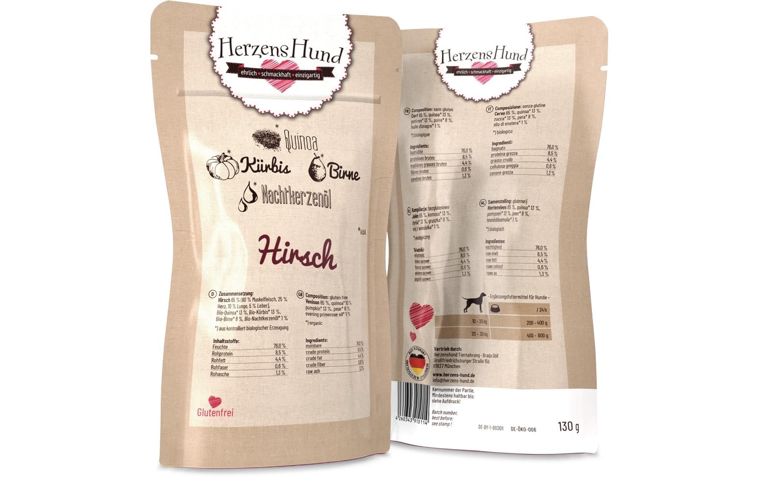 Herzenshund Hirsch mit Bio-Gemüse 130g, Pouch