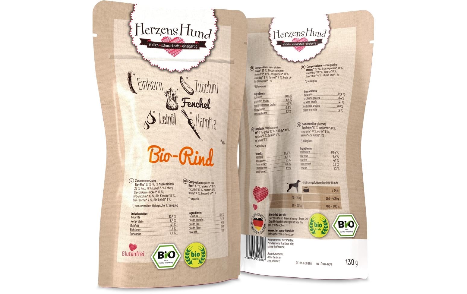 Herzenshund Bio-Rind mit Bio-Gemüse 130g, Pouch