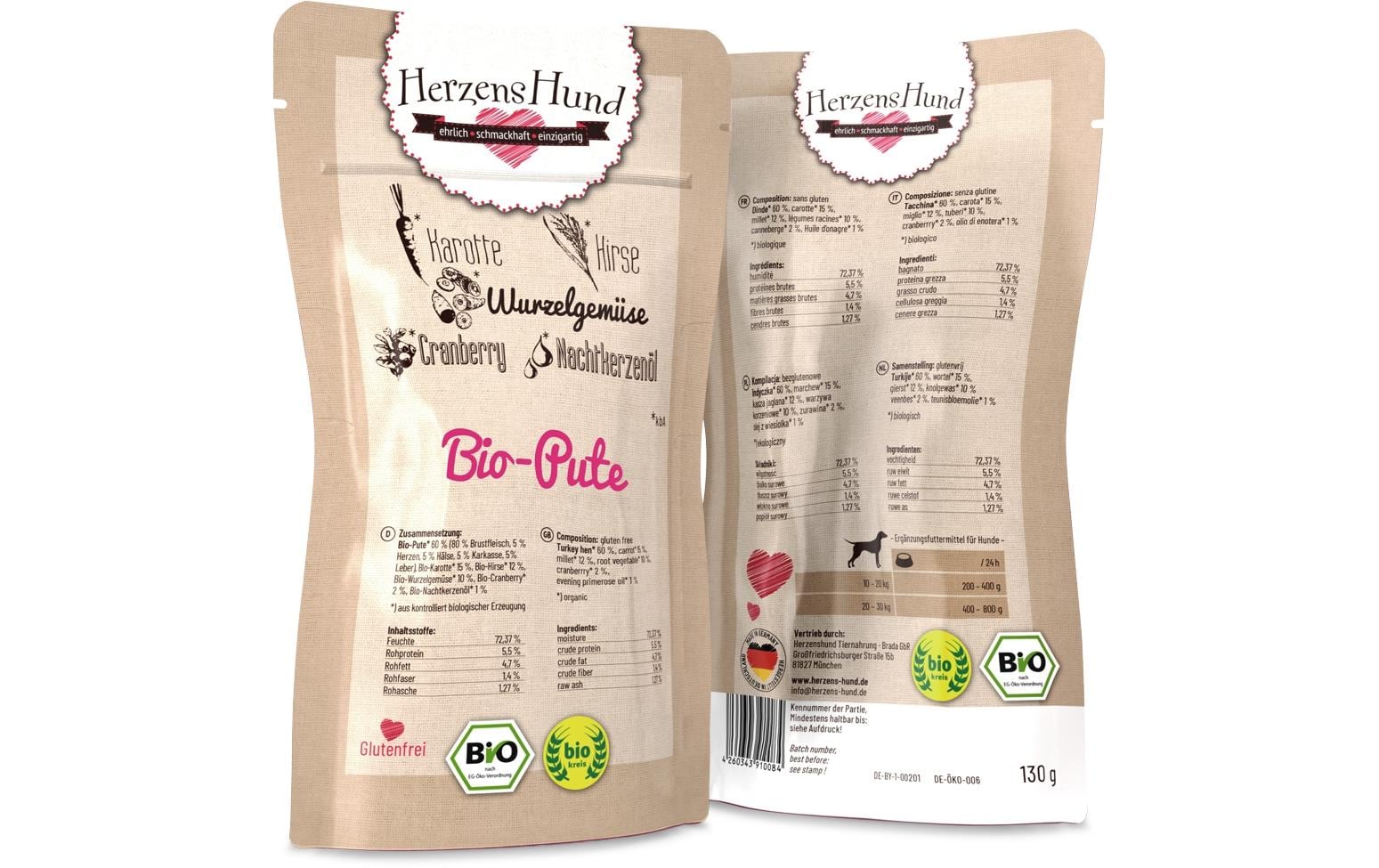 Herzenshund Bio-Pute mit Bio-Gemüse 130g, Pouch