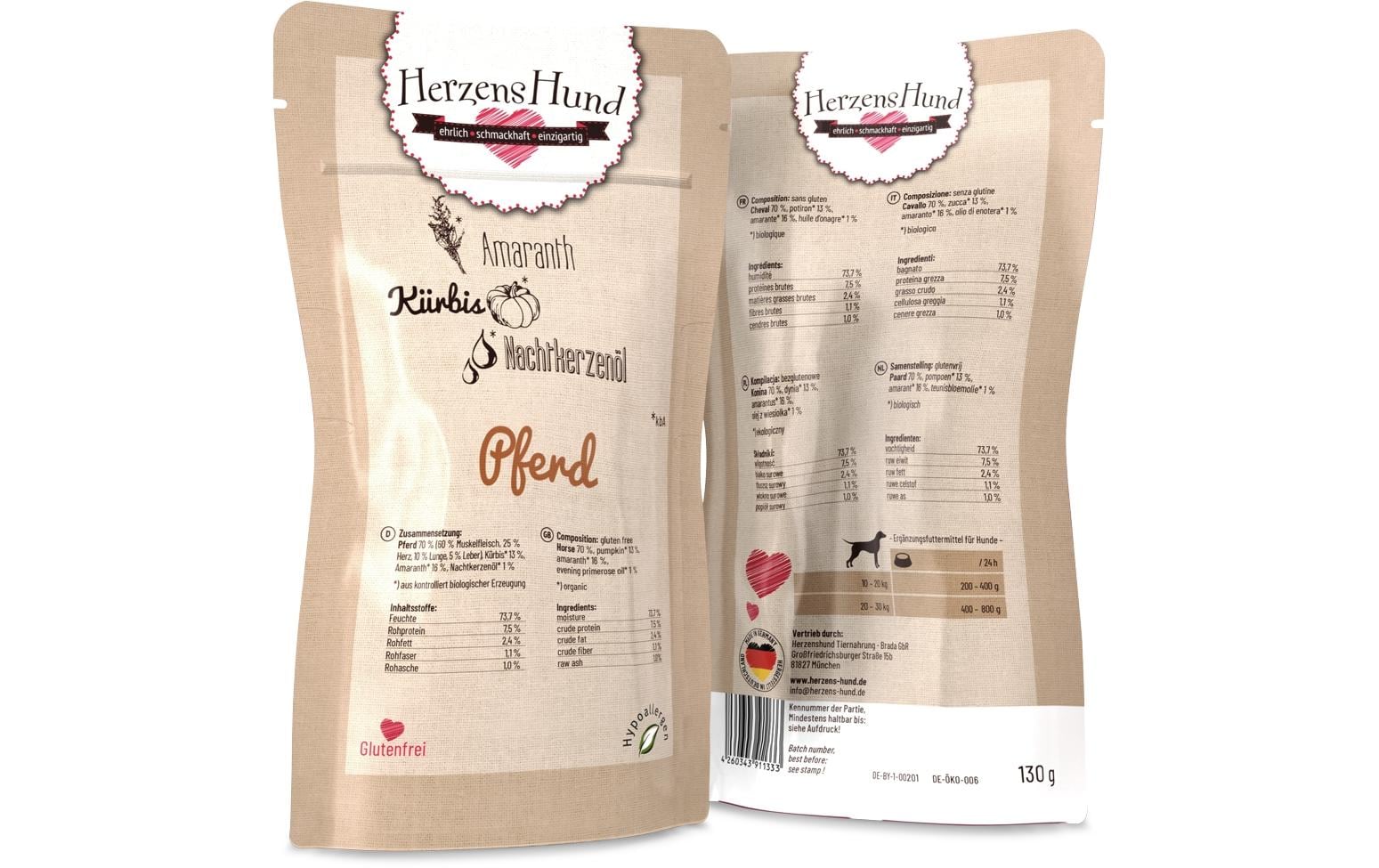 Herzenshund Pferd mit Bio-Gemüse 130g, Pouch