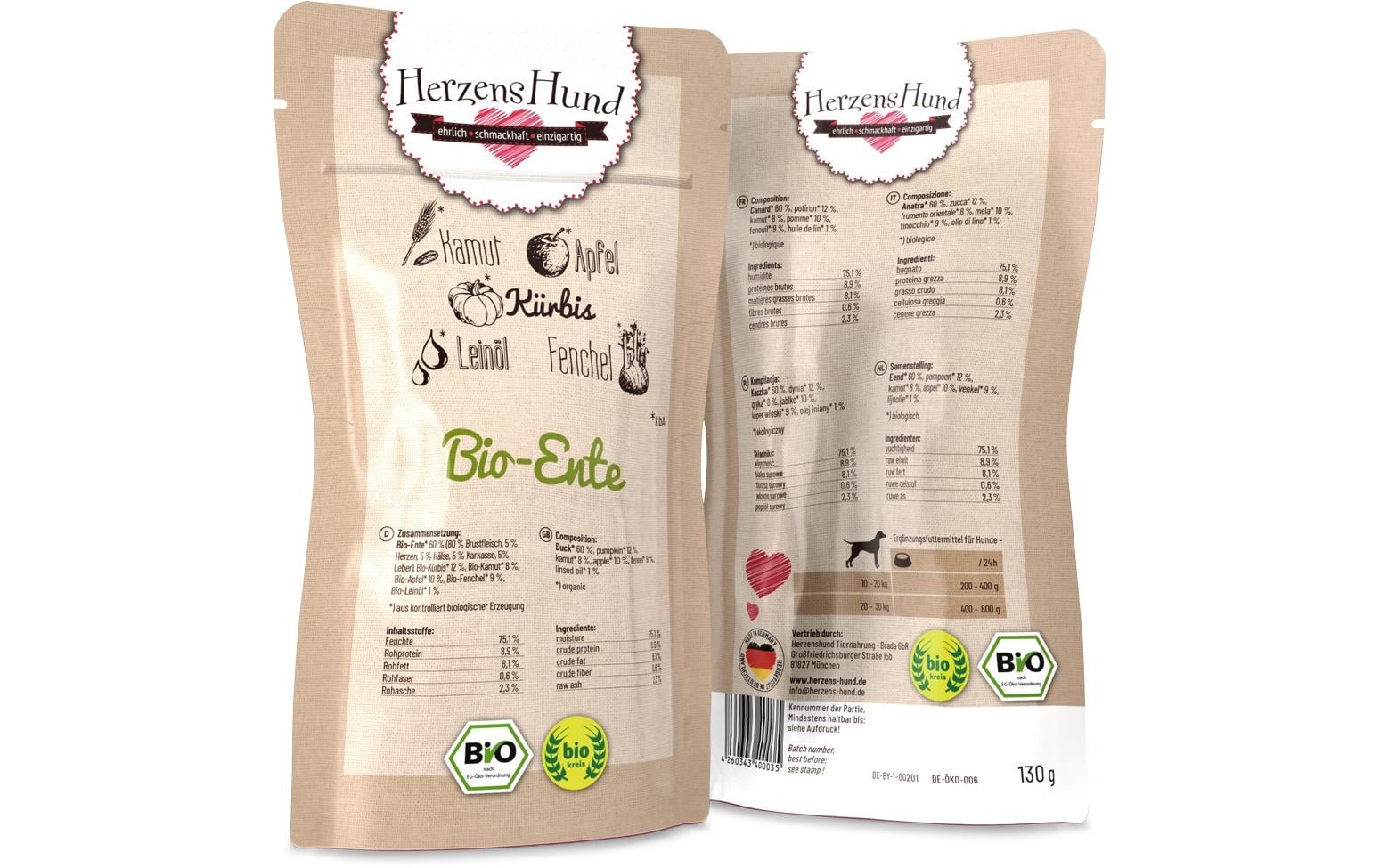 Herzenshund Bio-Ente mit Bio-Gemüse 130g, Pouch