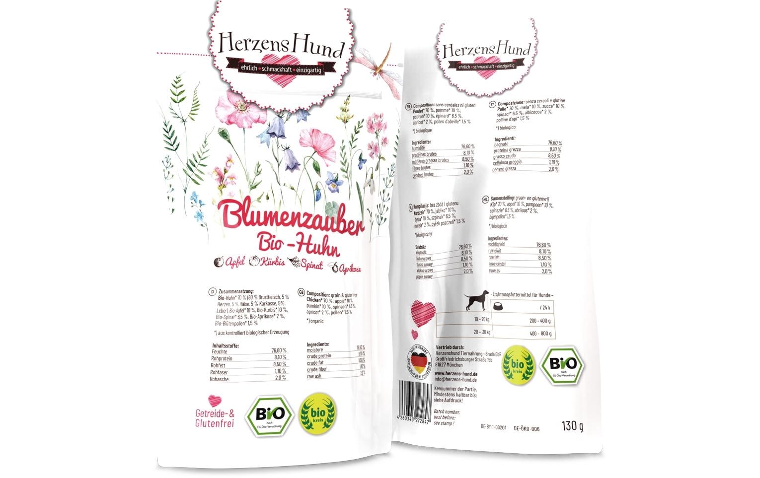 Herzenshund Blumenzauber Bio-Huhn 130g, Pouch