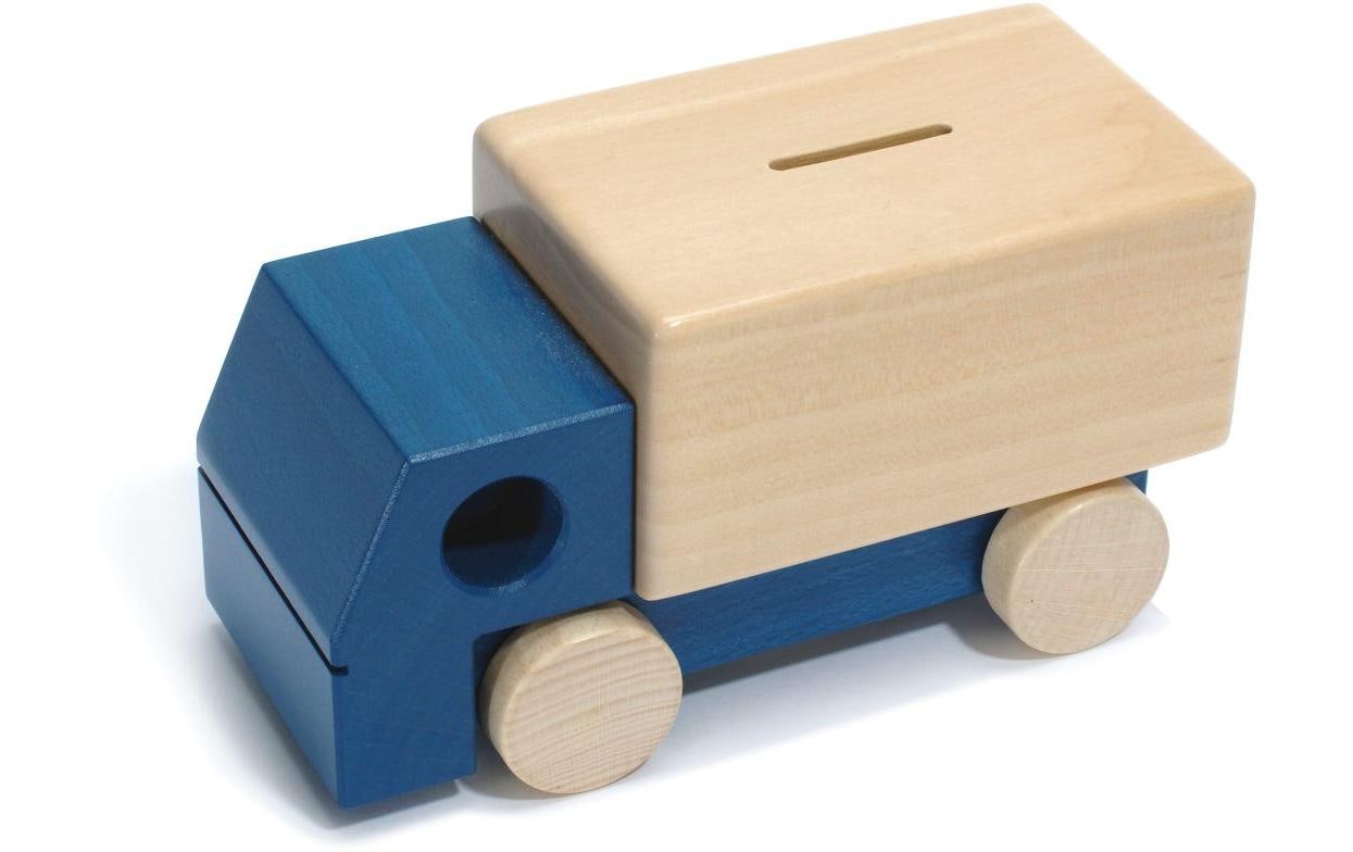 Weizenkorn Spardose Lastauto, Blau Holz, 18x8x10 cm (BxHxT)