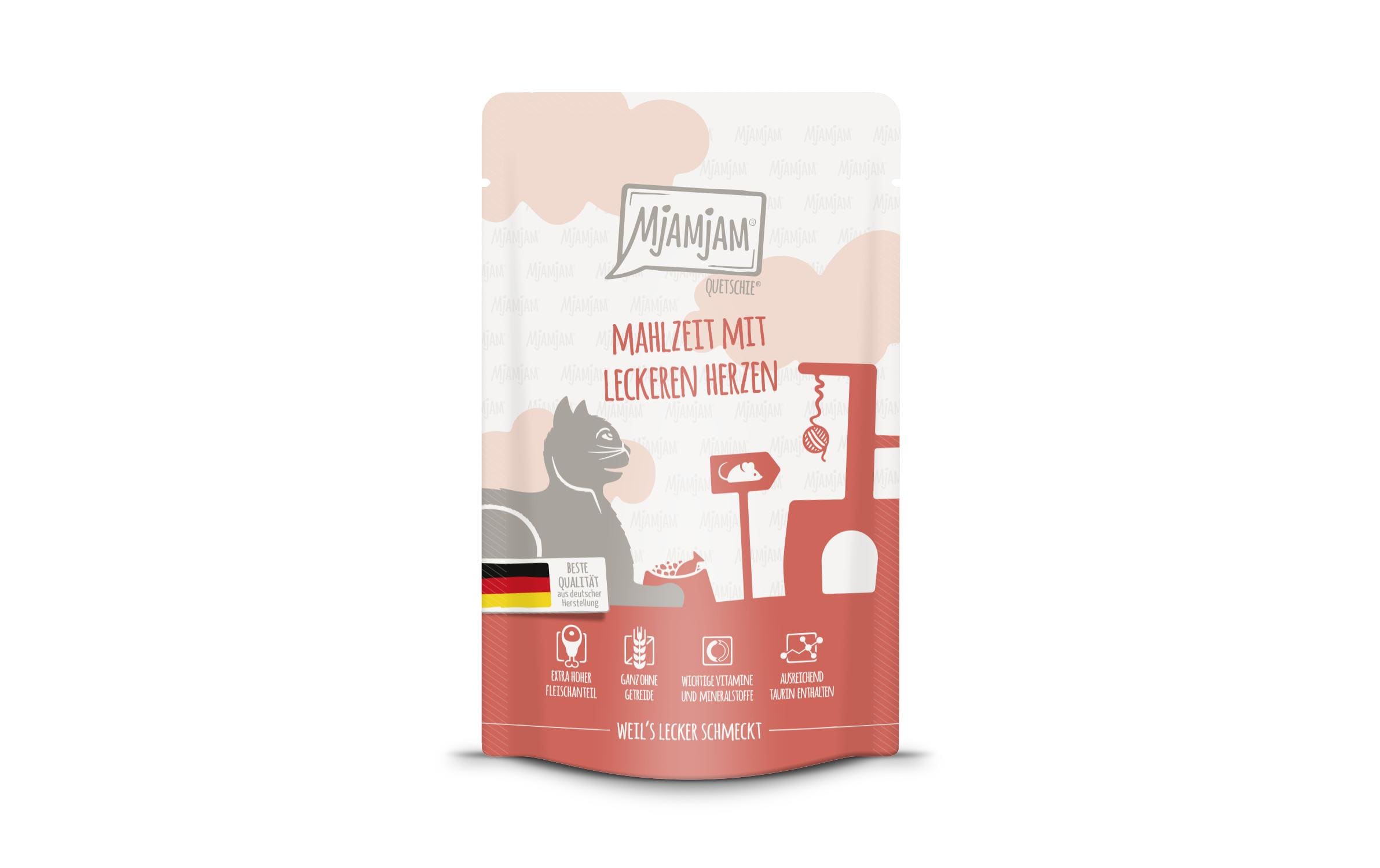 Mjamjam Cat Quetschie leckere Mahlzeit 125g Mahlzeit mit Herzen