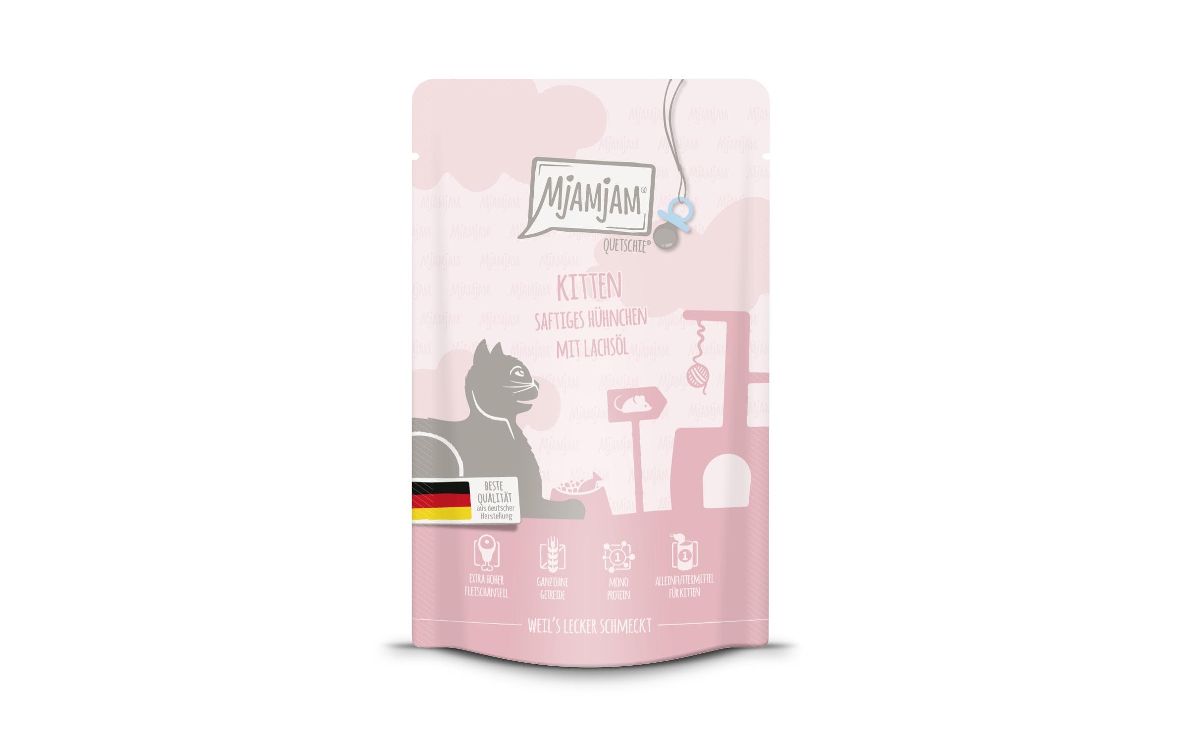 Mjamjam Cat Quetschie leckere Mahlzeit 125g Kitten Huhn mit Lachsöl