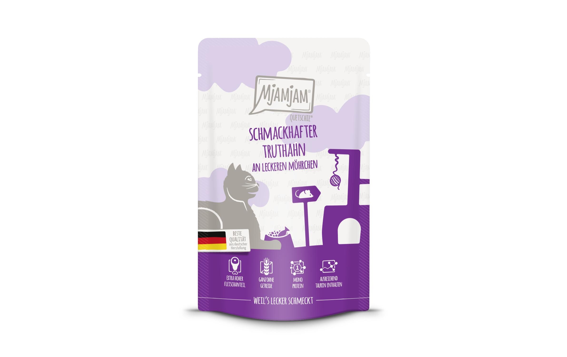 Mjamjam Cat Quetschie leckere Mahlzeit 125g Truthahn & Möhrchen