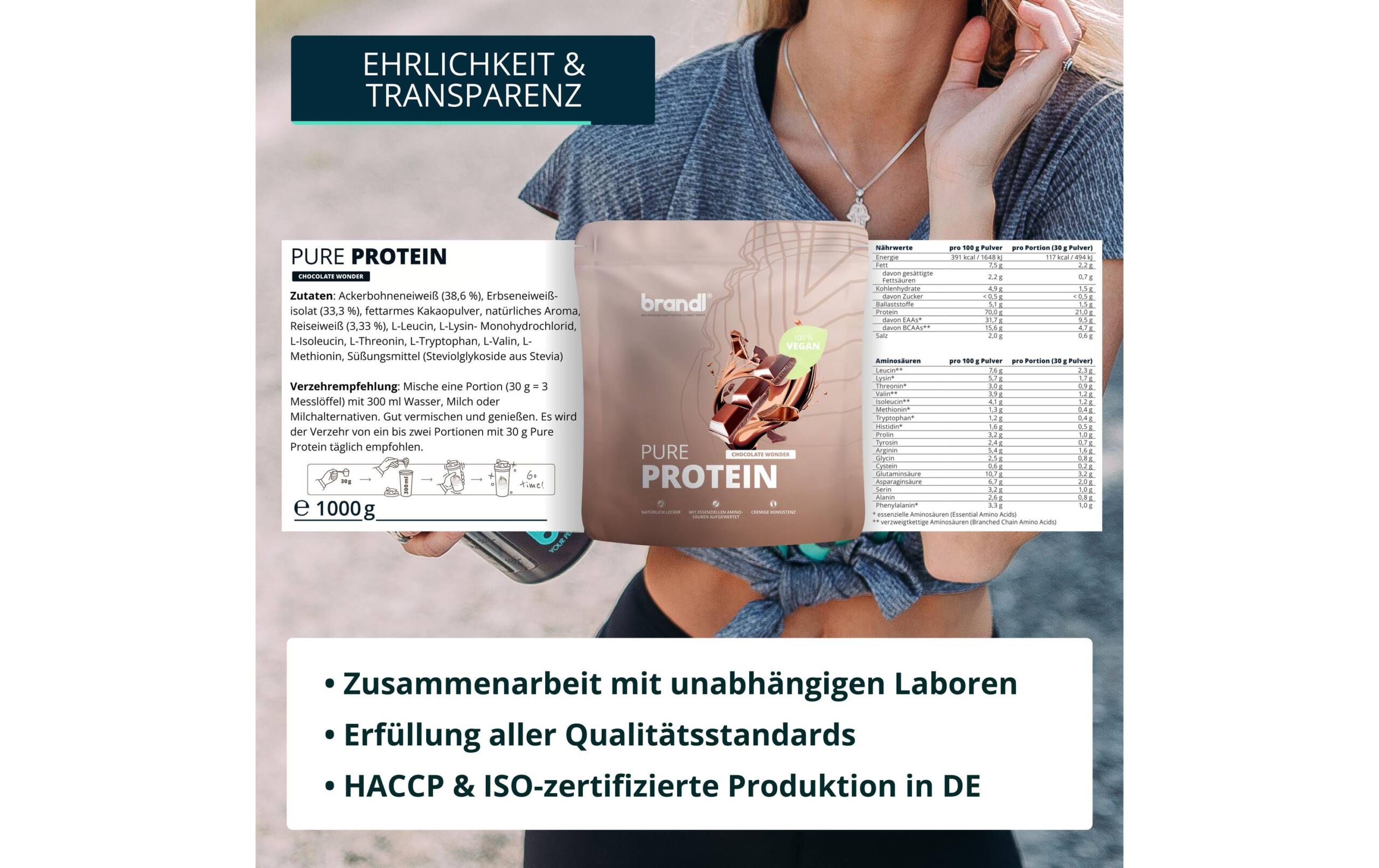 Brandl-Nutrition Pulver Pure Protein 2.0 Vegan Schokolade 1000 g – Bild 8
