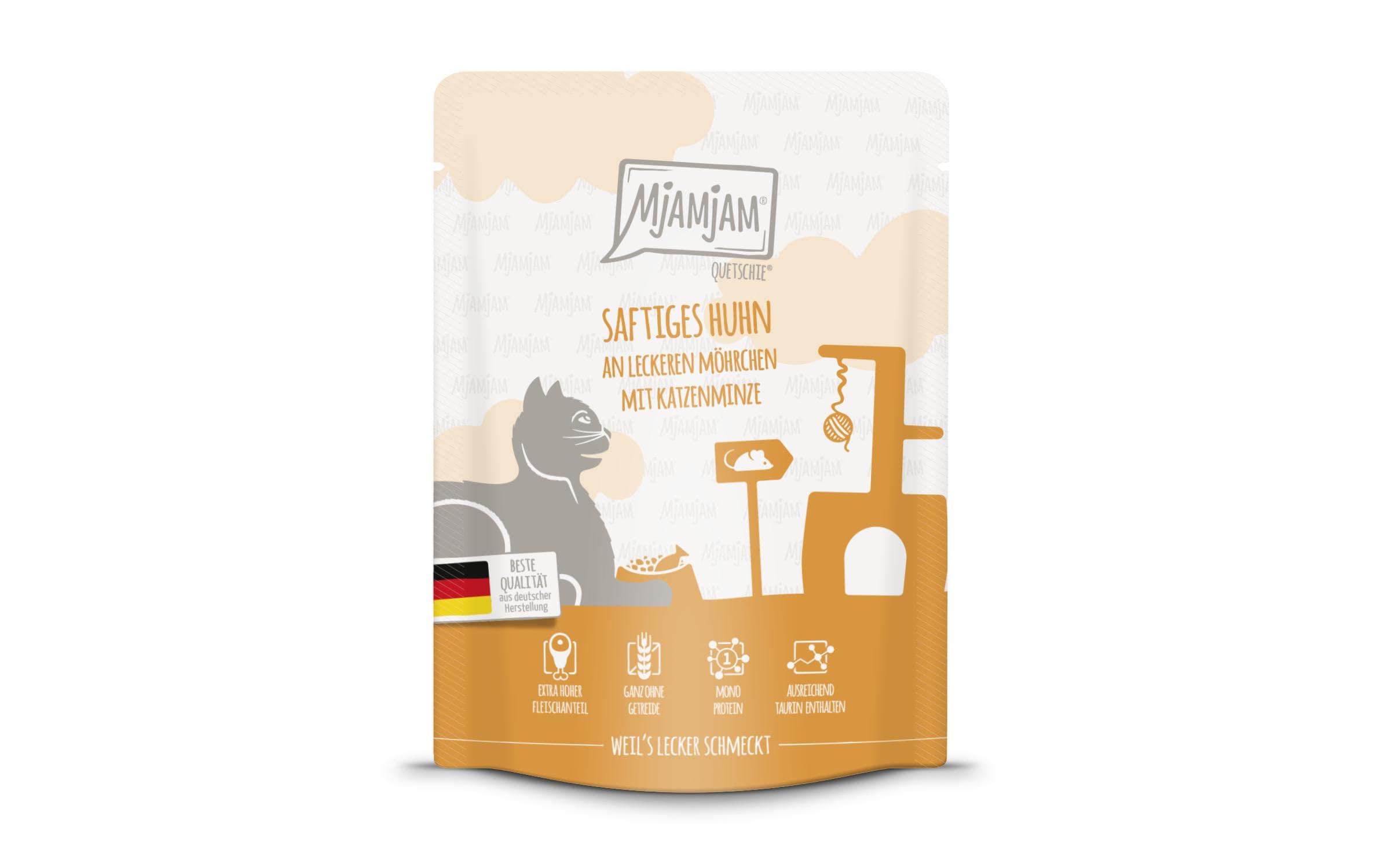 Mjamjam Cat Quetschie leckere Mahlzeit 300g Huhn & Möhrchen
