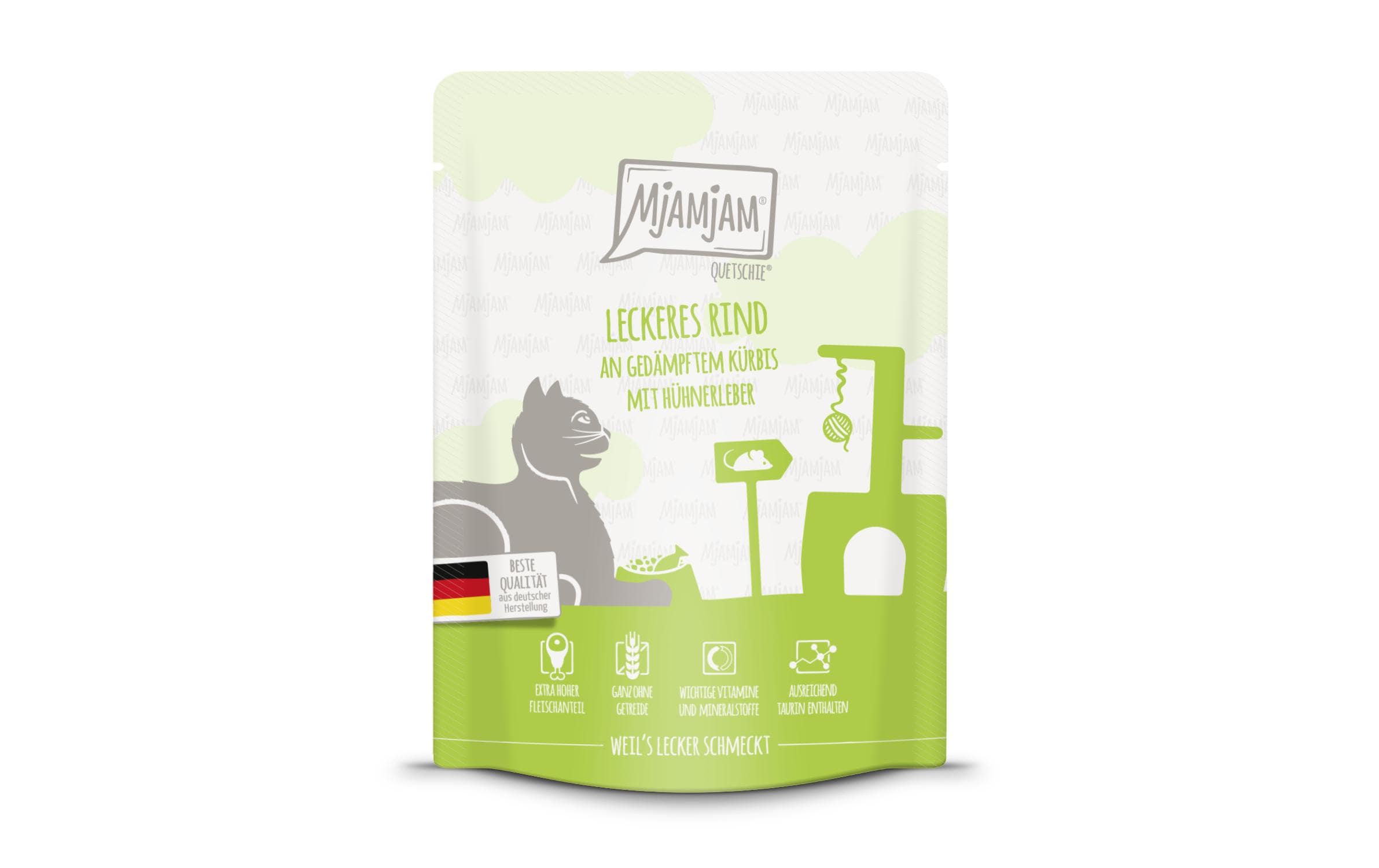Mjamjam Cat Quetschie leckere Mahlzeit 300g Rind & Kürbis