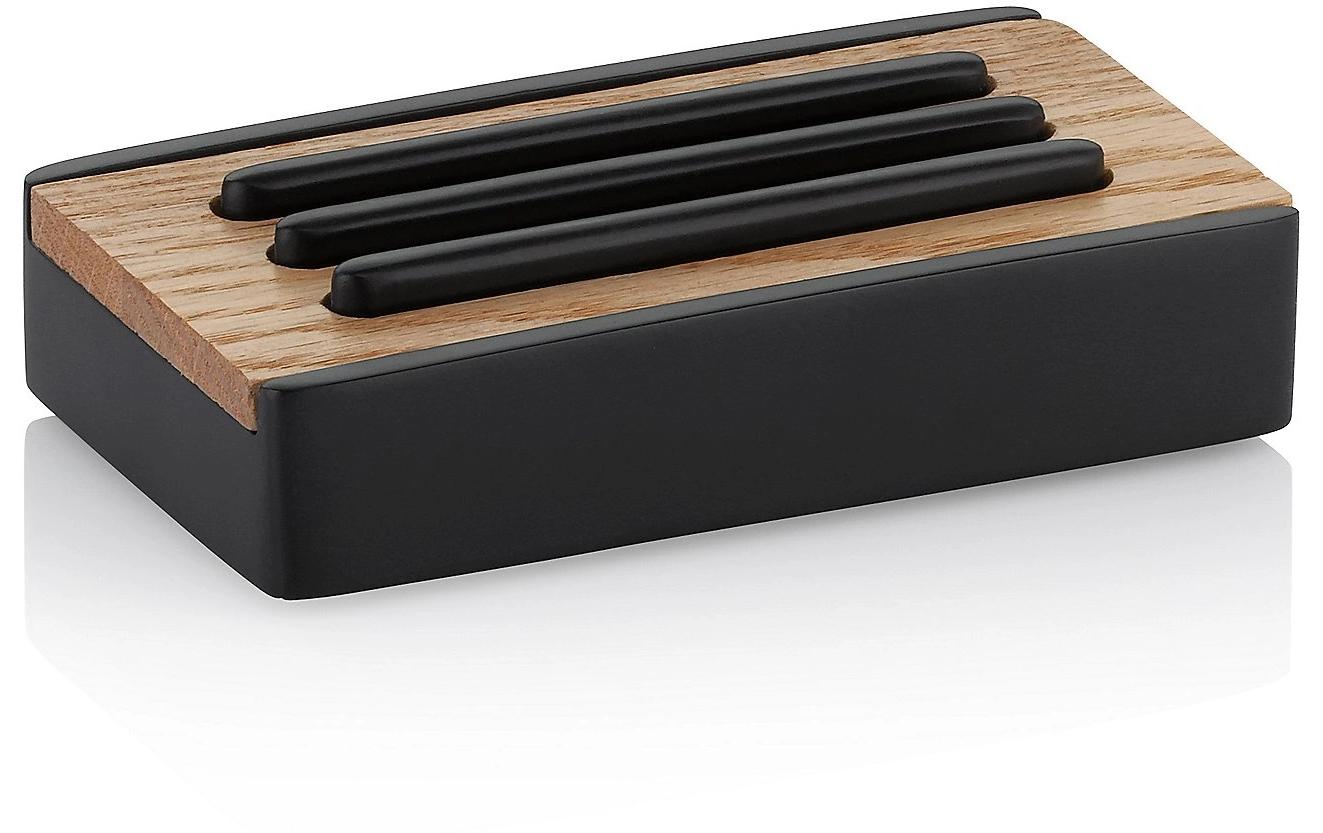 Kela Seifenschale Cube Schwarz Poly/Eichenholz, L12 / B7 / H3 cm