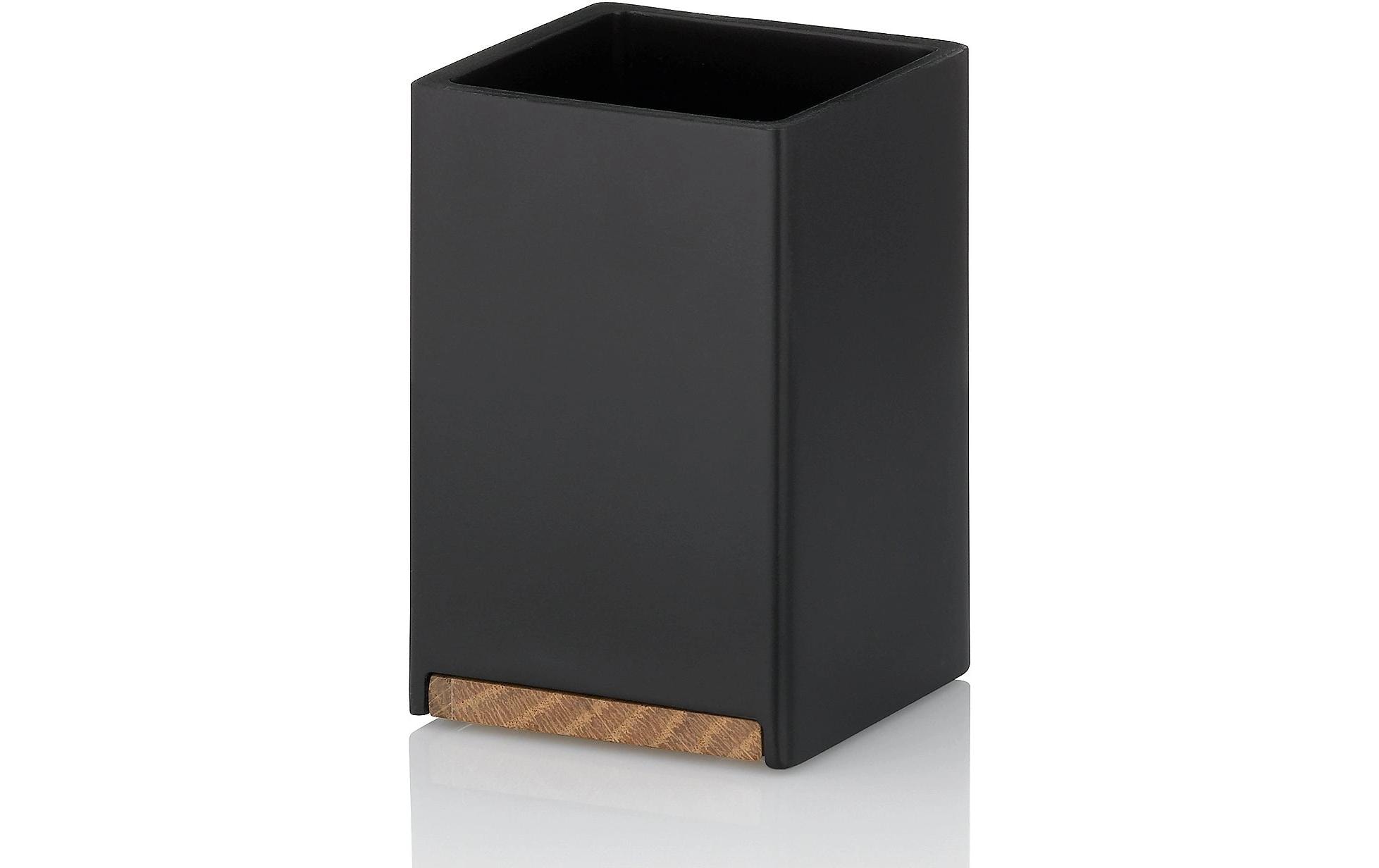 Kela Zahnputzbecher Cube Schwarz Poly/Eichenholz, L7 / B7 / H11 cm