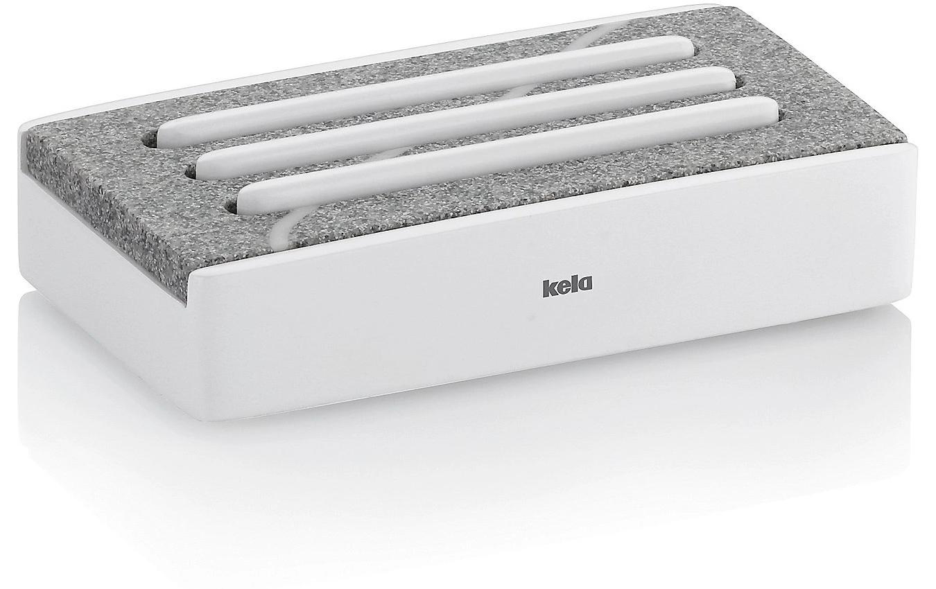 Kela Seifenschale Cube Weiss Poly/Eichenholz, L12 / B7 / H3 cm