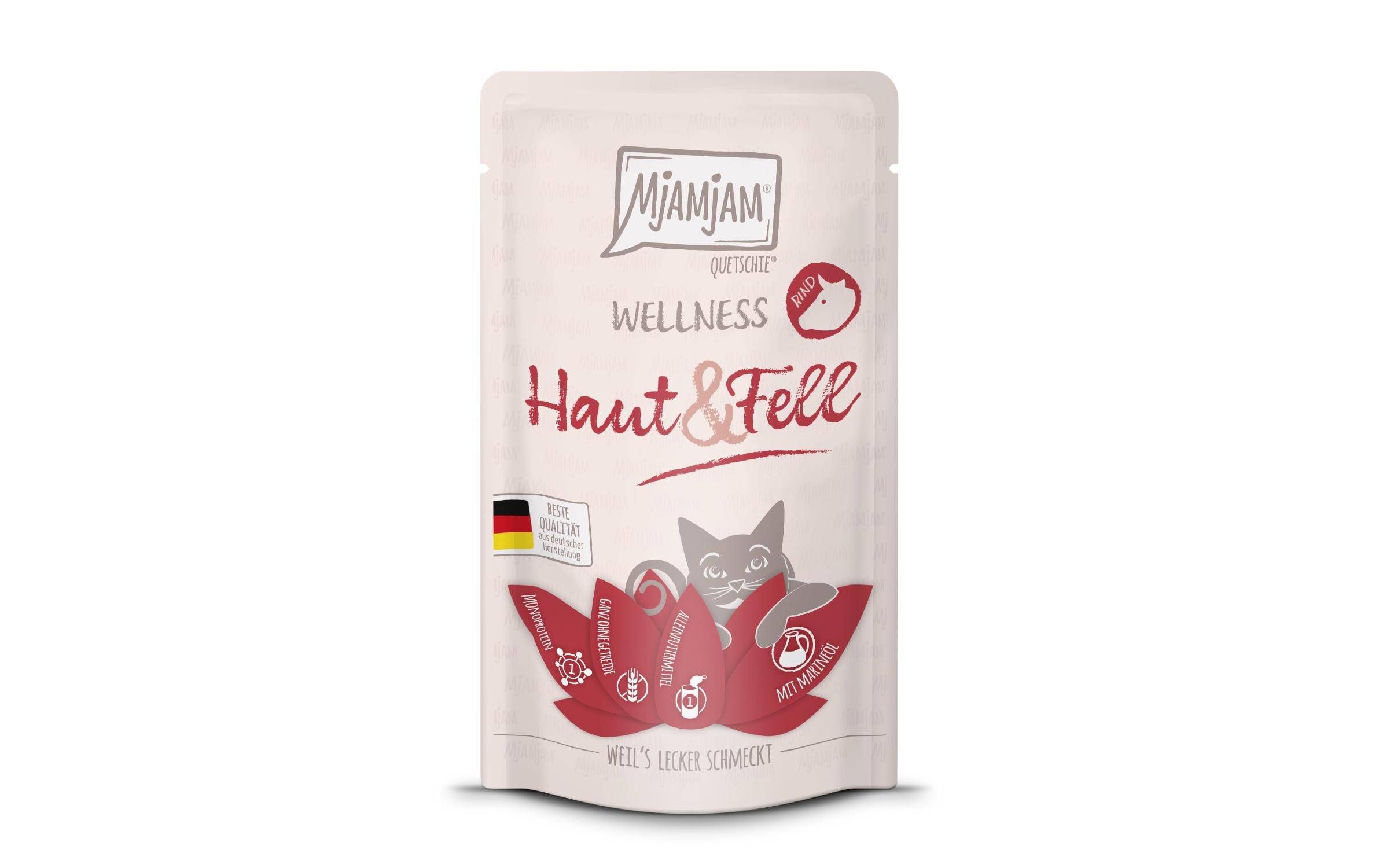 Mjamjam Cat Quetschie Wellness 125g Haut & Fell Rind