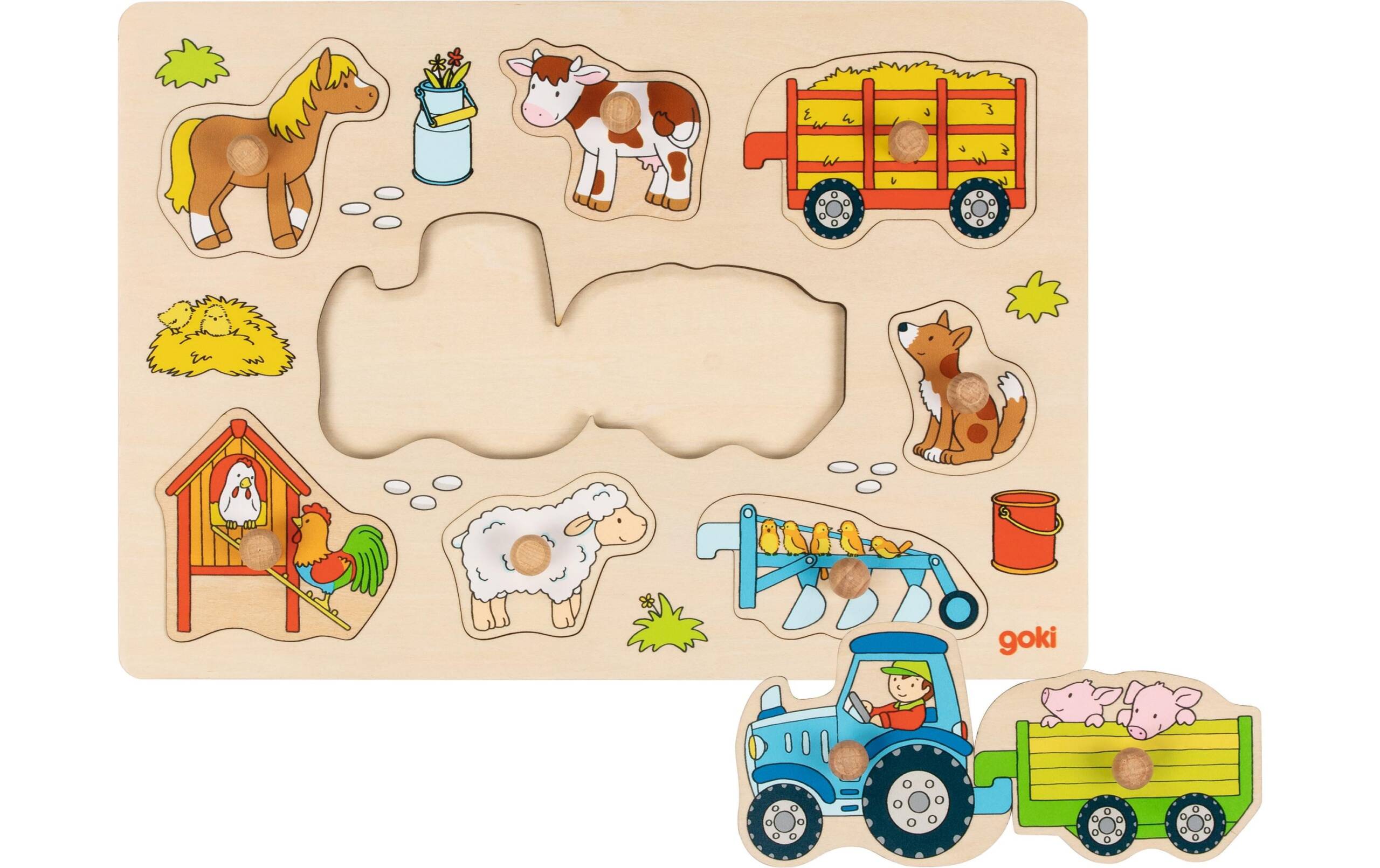 Goki Steckpuzzle Traktor mit Anhängern