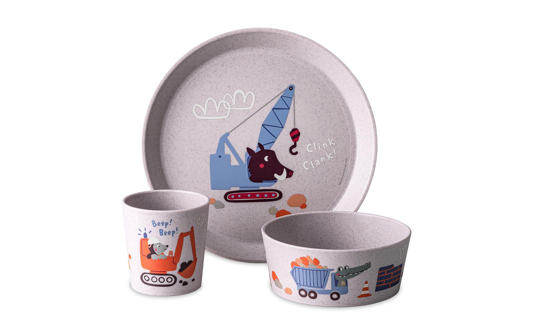 Koziol Geschirrset CONNECT TRUCKS 3er Set Teller, Schüssel, Becher purple grey