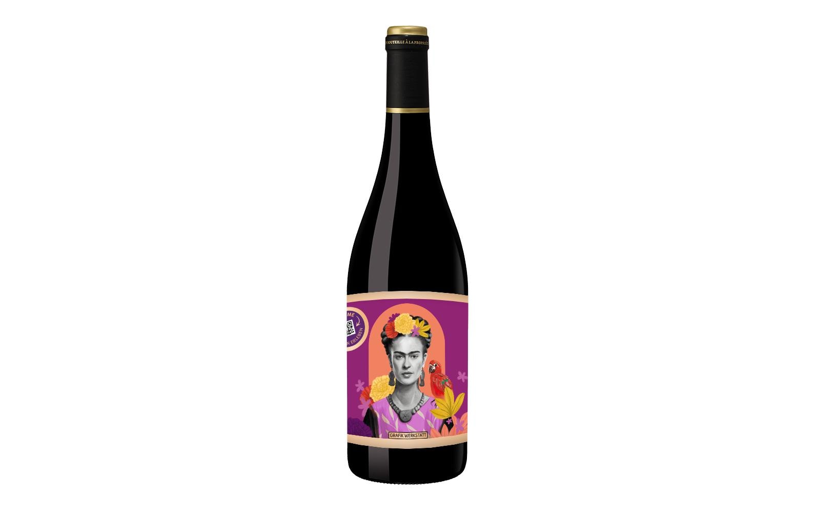 Grafik Werkstatt Weinflasche Rotwein Frida Kahlo