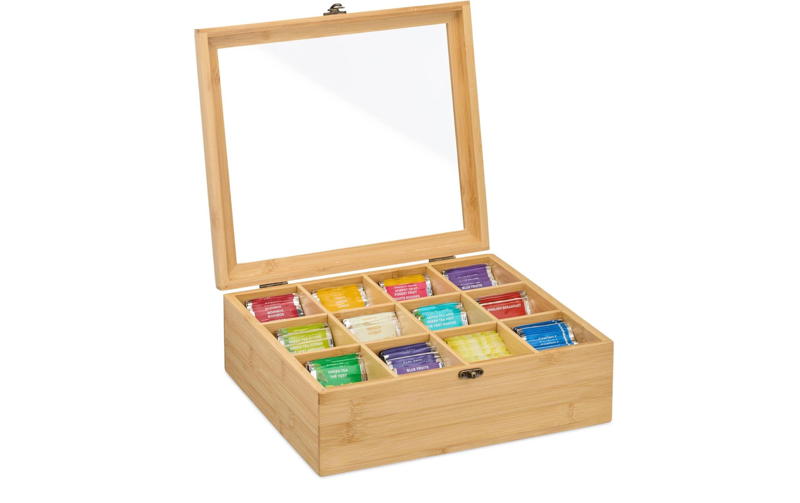 relaxdays Teebeutel-Box Bambus, 12 Fächer, Braun