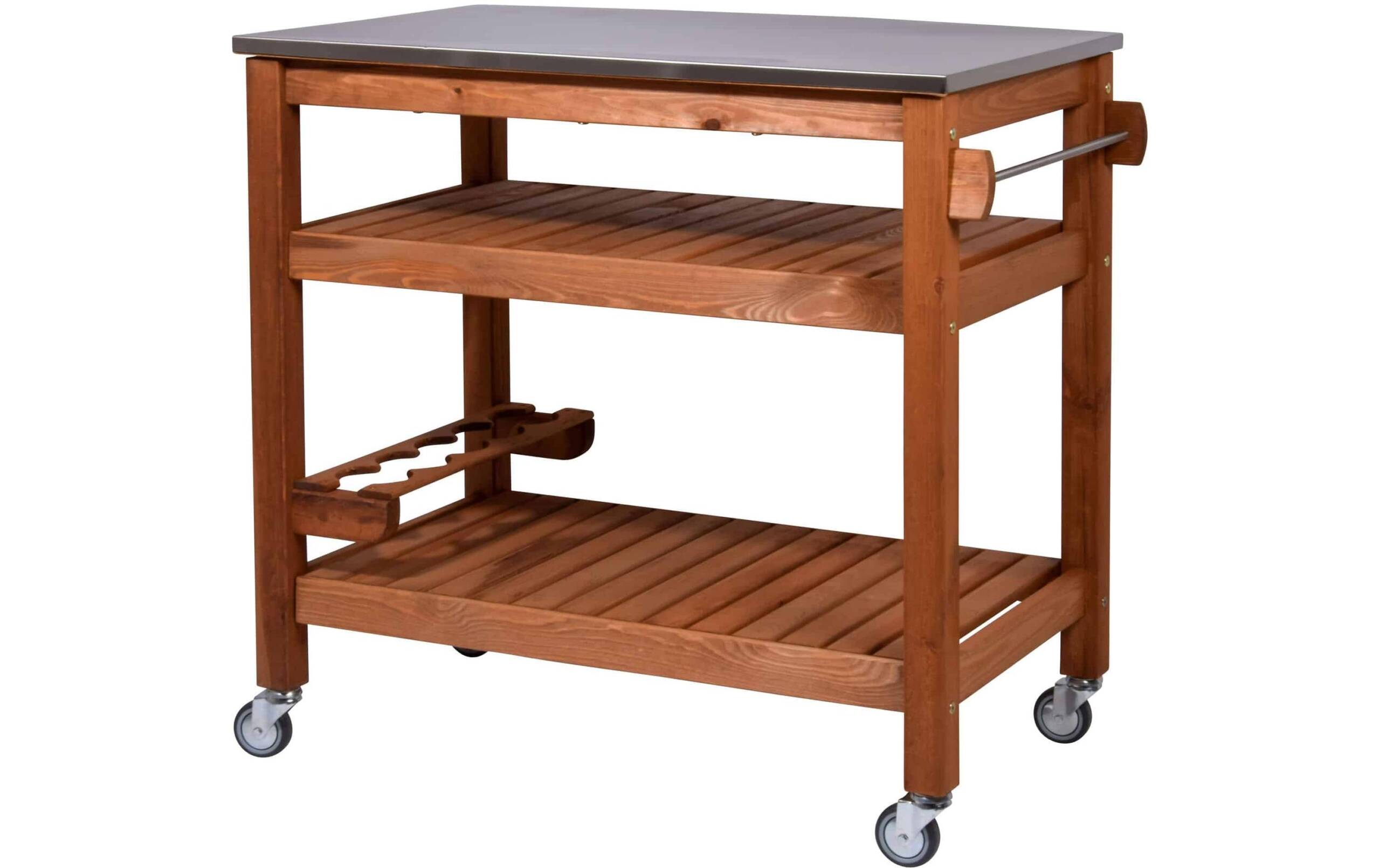 Beistellwagen aus Holz mit Edelstahlplatte BBQ-Trolley