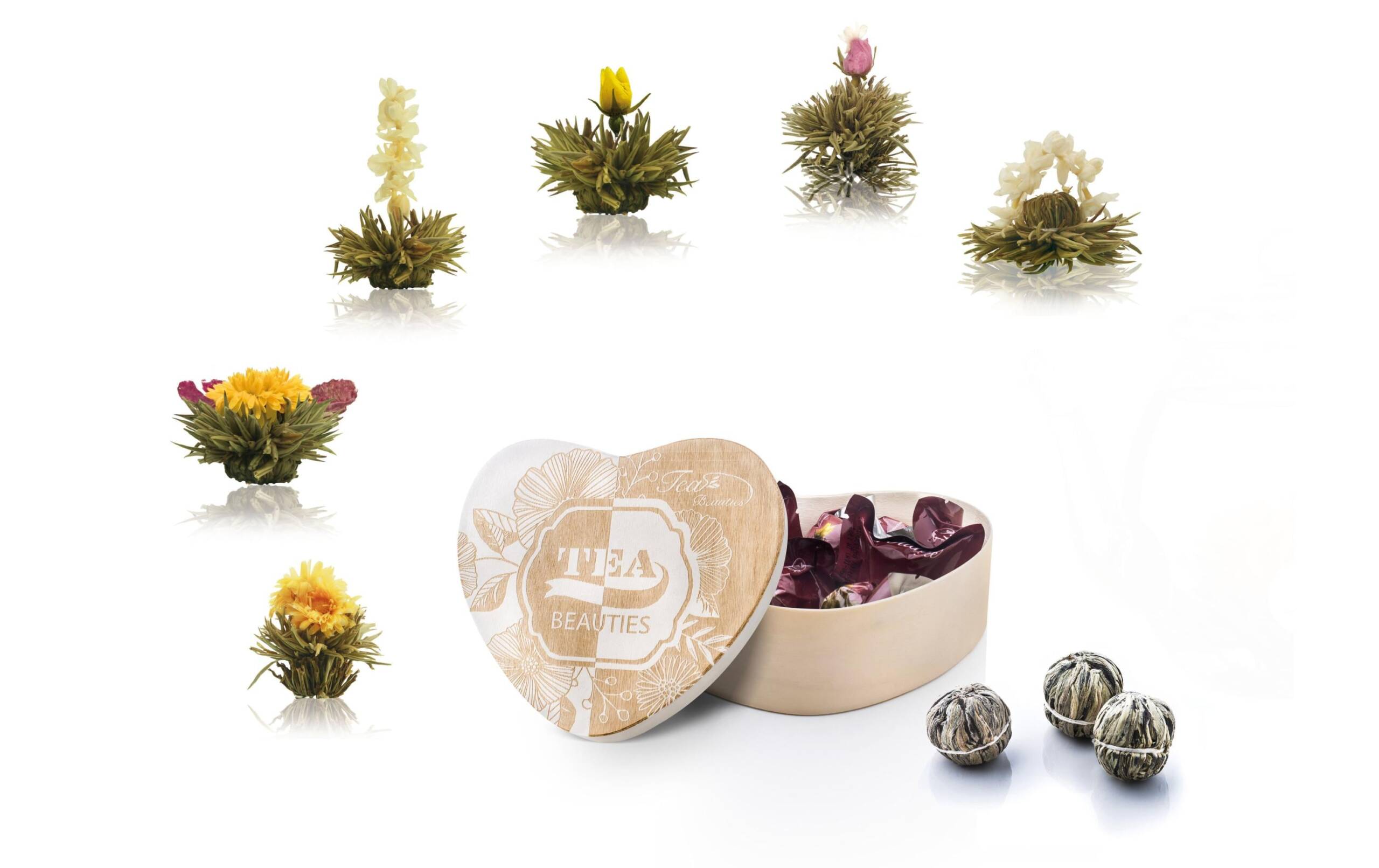 Creano Erblühtee in Herz-Holzbox 6 Erblühtee Weisstee