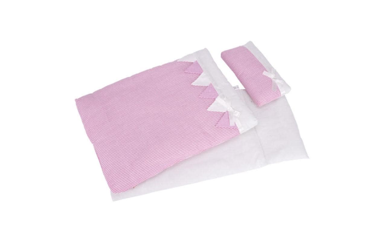 Goki Puppenbettzeug rosa Streifen Kissen= 22 x 10 cm, Oberbett= 41 x 31 cm